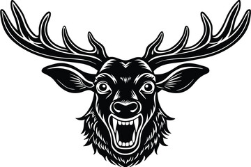 Illustrated furious deer head shows wide open mouth and large antler silhouette