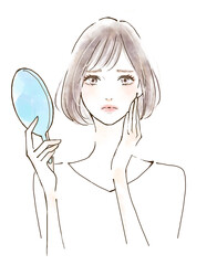 鏡を見て悩む女性　ネガティブ