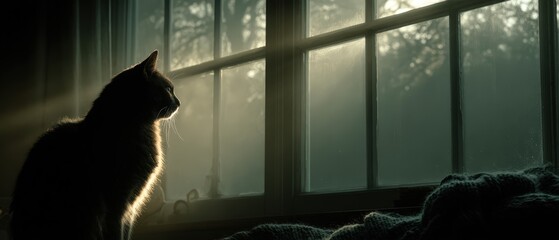 Silhouette of a Cat by a Sunlit Window in a Cozy Room