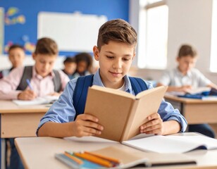 Elementary school children smiling and studying together at desks in a classroom with their teacher helping a group