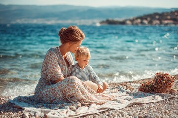Mother and child enjoying a sunny afternoon on the seashore while resting on a blanket near the waves and pebbles