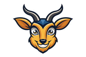 A smiling cartoon gazelle animal head with yellow fur looks directly at the viewer