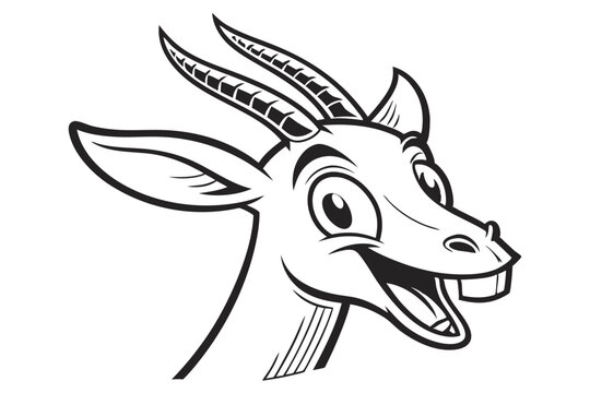 Outlined cartoon springbok smiles broadly revealing buck teeth, showing joy in monochrome art