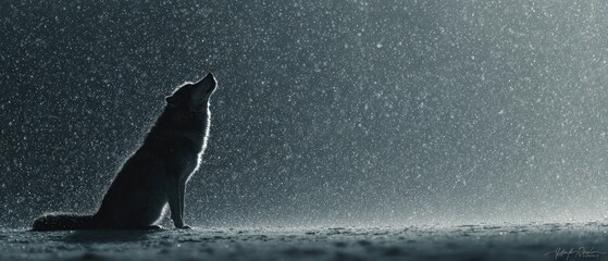 Lone Wolf Silhouetted Against Rainy Night Sky in Dramatic Scene