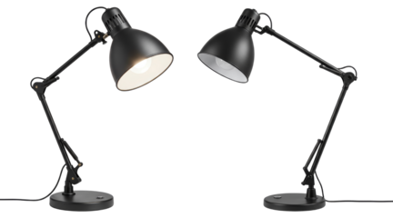 Two black desk lamps positioned facing each other with light on one  