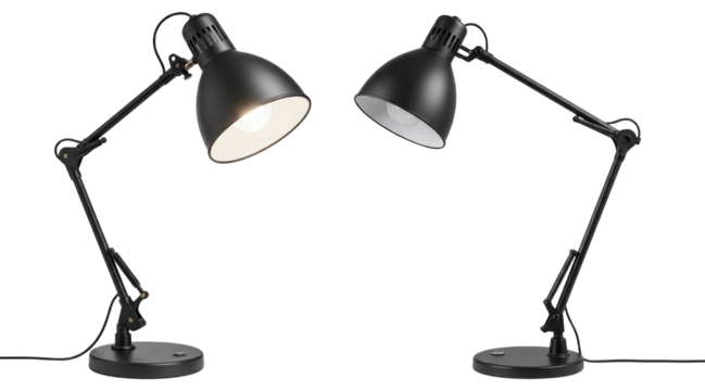 Two black desk lamps positioned facing each other with light on one  