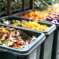 Bright office recycling station with various labeled bins and bottles high resolution picture