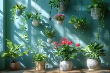 Small Flowery Pots Arranged Beautifully on a Decorative Vertical Wall