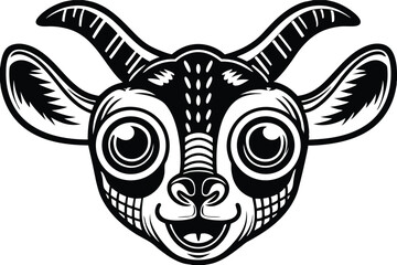 Cartoon goat face boasts bold black lines and expressive eyes that attention