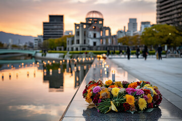 Hiroshima memorial with wreaths and remembrance candles at sunrise, 