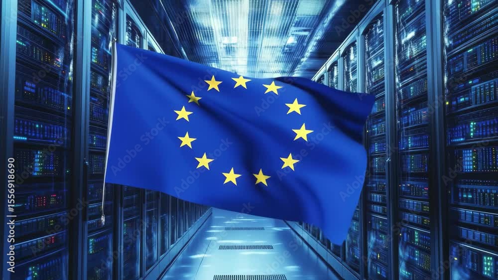 Poster european union flag displayed in a modern server room with global connectivity theme, flag of eu and