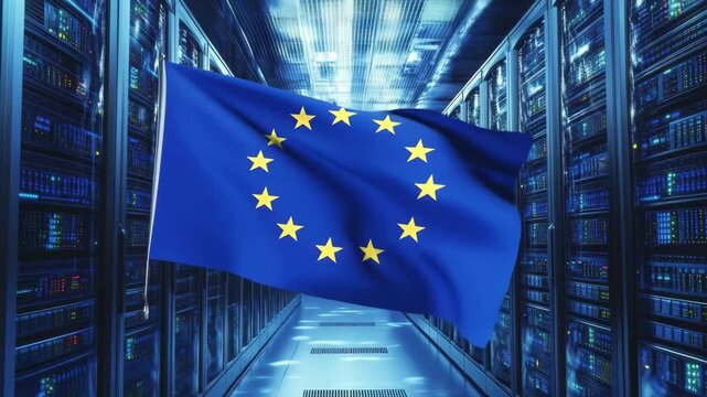 European Union flag displayed in a modern server room with global connectivity theme, flag of eu and globe over server room