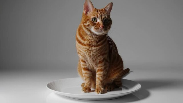 Orange tabby cat poses on white plate in minimalistic studio setting showcasing its playful expression