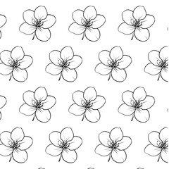 Obraz premium Azalea flower Seamless Pattern Hand drawn vector line art, Black and White Flower isolated in white. Beautiful design for textile, wallpaper, wrapping paper and backgrounds