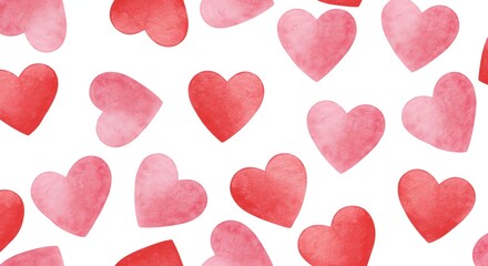 Obraz premium Colorful watercolor hearts in red and pink on a bright white background, creating a whimsical, romantic pattern with soft edges.