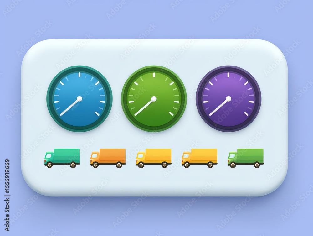 Aufkleber colorful dashboard displaying gauges for logistics performance alongside vibrant delivery trucks sym