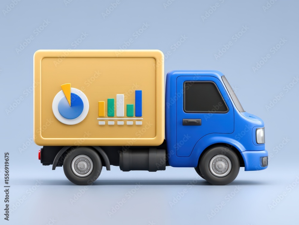 Poster transporting visual data insights with a colorful delivery truck showcasing graphs and analytical me