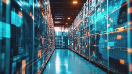 Financial data processing in a high-tech warehouse environment during evening hours, financial data processing over warehouse - Powered by Adobe