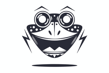 Bold, stylized frog face with enormous eyes and lightning bolt accents smiles widely