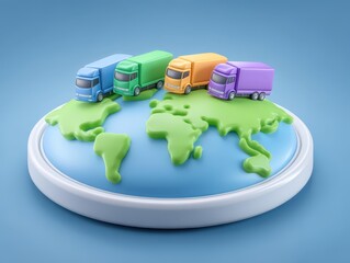 Fototapeta premium Colorful transportation trucks navigating a playful world map emphasizing logistics innovation and global supply chain connections in a dynamic business landscape