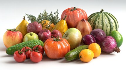 Fresh Fruit and Vegetables Still Life Apple Pear Tomato Orange Onion Cucumber Harvest Bounty Display