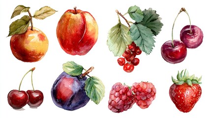 Watercolor Fruit Medley Peach Apple Currant Cherry Plum Raspberry Strawberry Still Life Art Food