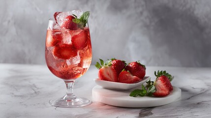A hyper-realistic food photograph of a strawberry cocktail in a glass, featuring ice and fresh strawberries on top, decorated with sliced strawberries and white cream