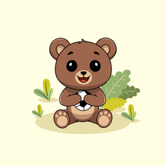 Cute bear holding ball in the field and nature elements