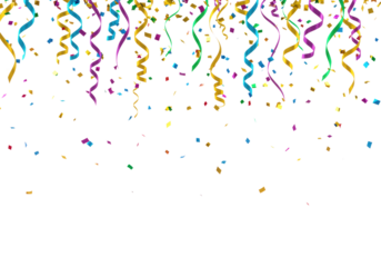 Vibrant, multicolored confetti and metallic streamers in gold, blue, green, purple cascading downwards against a transparent background with ample copy space. Concept of festivity and celebration