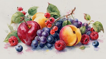 Watercolor Fruit Painting Apple Peach Grapes Berries Nature Still Life Refreshing Bright Colors