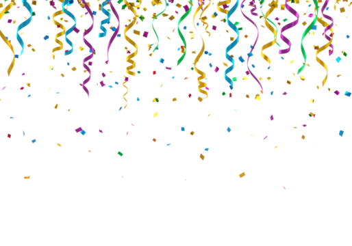 Vibrant, multicolored confetti and metallic streamers in gold, blue, green, purple cascading downwards against a transparent background with ample copy space. Concept of festivity and celebration