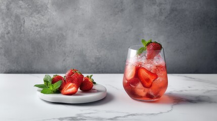 A hyper-realistic food photograph of a strawberry cocktail in a glass, featuring ice and fresh strawberries on top, decorated with sliced strawberries and white cream