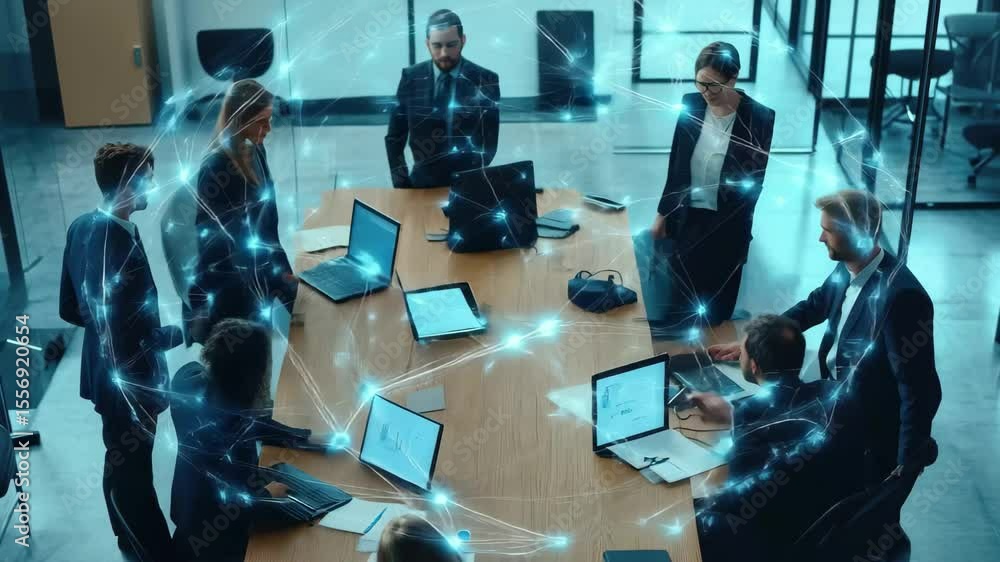 Poster exploring connections in a modern office meeting with digital network visualization, network of conn