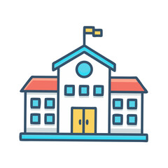 Colorful school building with flags education institution