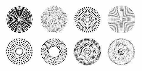 Collection of eight diverse black and white circular abstract graphic designs