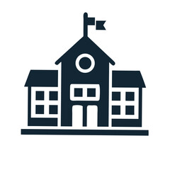 Dark blue school building with white windows and flag education architecture