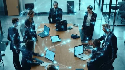 Exploring connections in a modern office meeting with digital network visualization, network of connections with key icon over diverse business people in office - Powered by Adobe