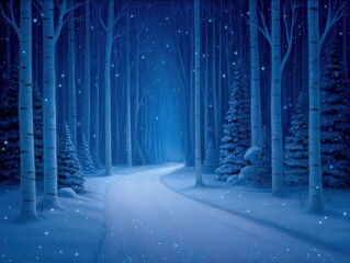 Enchanting winter forest path illuminated with ethereal snowflakes surrounded by tall white birch trees creating a serene atmosphere of tranquility and magic in a peaceful snowy landscape