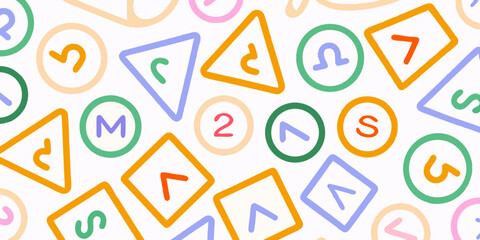 Playful geometric shapes with colorful symbols and numbers on a white background