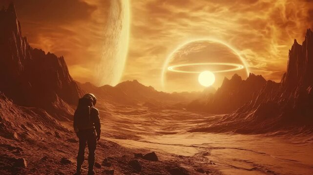 Brave astronaut explores alien landscape under two suns and a striking horizon, Footage of a brave astronaut in a suit confidently walking on Mars toward a space planet - Powered by Adobe