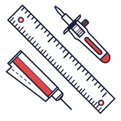 Ruler and drawing tools navy blue and red drafting measuring