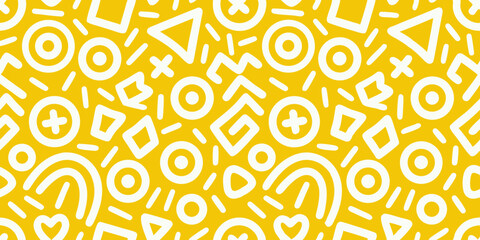 Abstract playful geometric shapes pattern on yellow background