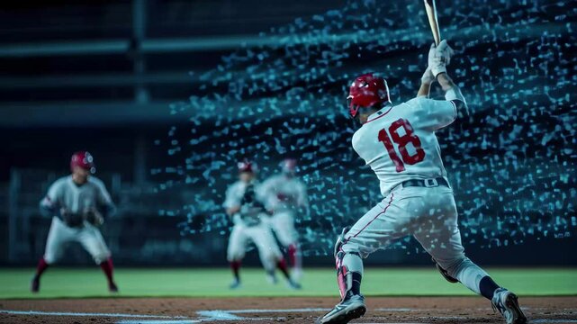 Baseball players analyzing scientific data during a game at a modern stadium in the evening, Baseball players on field with scientific data processing over them - Powered by Adobe