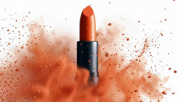 A red lipstick is shown with a lot of red powder around it. Concept of excitement and energy, as if the lipstick is being used in a fun and playful way. The red powder adds a dramatic