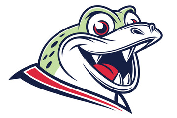 The cartoon alligator with light green skin happily displays its large white fangs widely