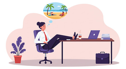 An office worker escapes stress by daydreaming of a beach vacation. A clean vector showing the need for work-life balance and holiday leave. Set for remote work burnout, Remote work stress, lifestyle
