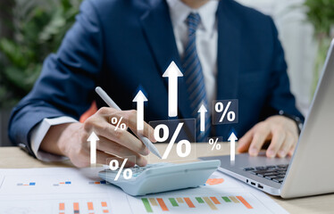 Interest rates and dividend yield concept, investors calculating profits and costs, stock market...