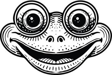 Happy frog face in black and white displays large cartoonish eyes and smile
