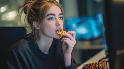 a girl eating Crackers Over The Keyboard. she eat them without worrying right over her keyboard while working.