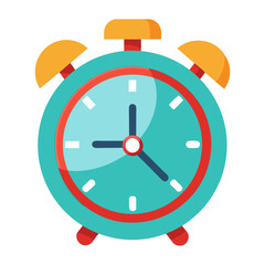 Teal alarm clock with orange bells and red accents time wake up